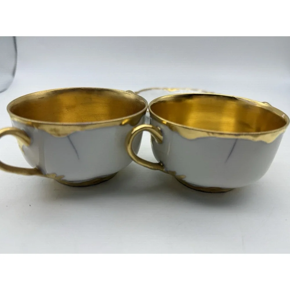 4 Antique Haviland France Limoges Gold Gilt Ranson Bouillon Cups & Saucers